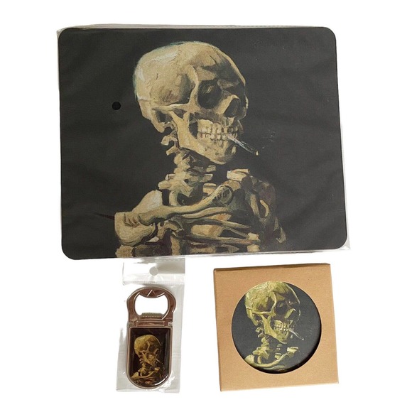 Van Gogh Smoking Skeleton Desk Set Mouse Pad Coaster Magnetic Bottle Opener NEW - Picture 4 of 9